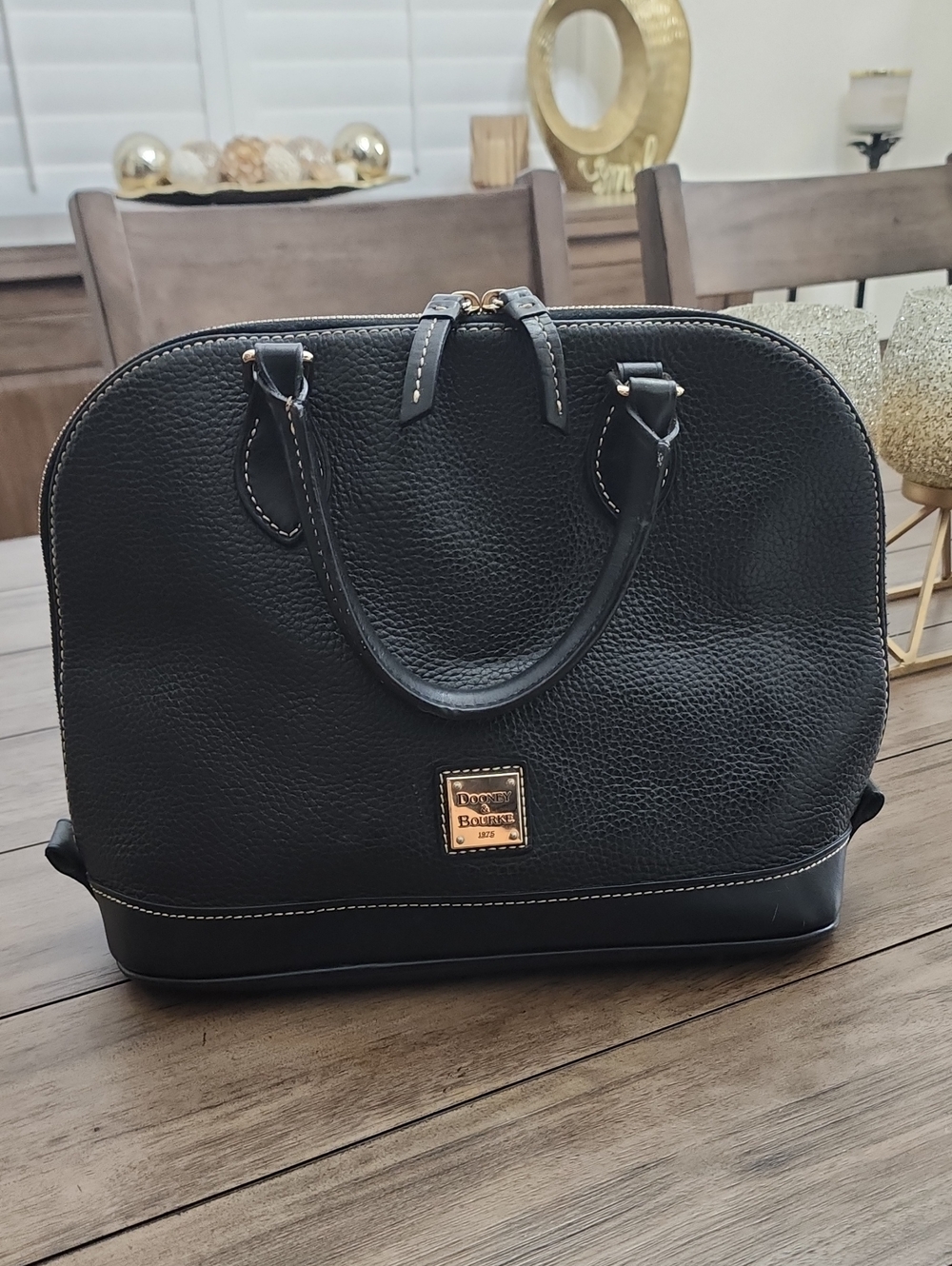 Dooney & Bourke Black Pebble Leather Dome Satchel with Gold Hardware